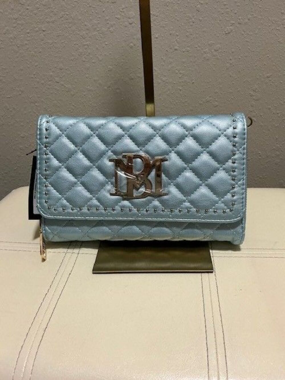 Badgley Mischka Quilted Crossbody Bag Blue Metal Vegan Leather NWT